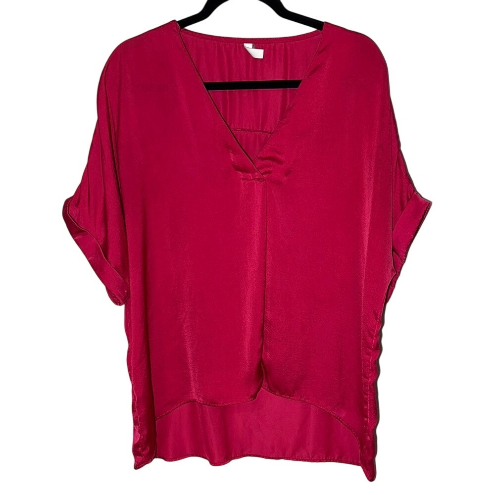 Glam Pink Short Sleeve Relaxed Blouse V Neck Oversized Flowy Barbiecore